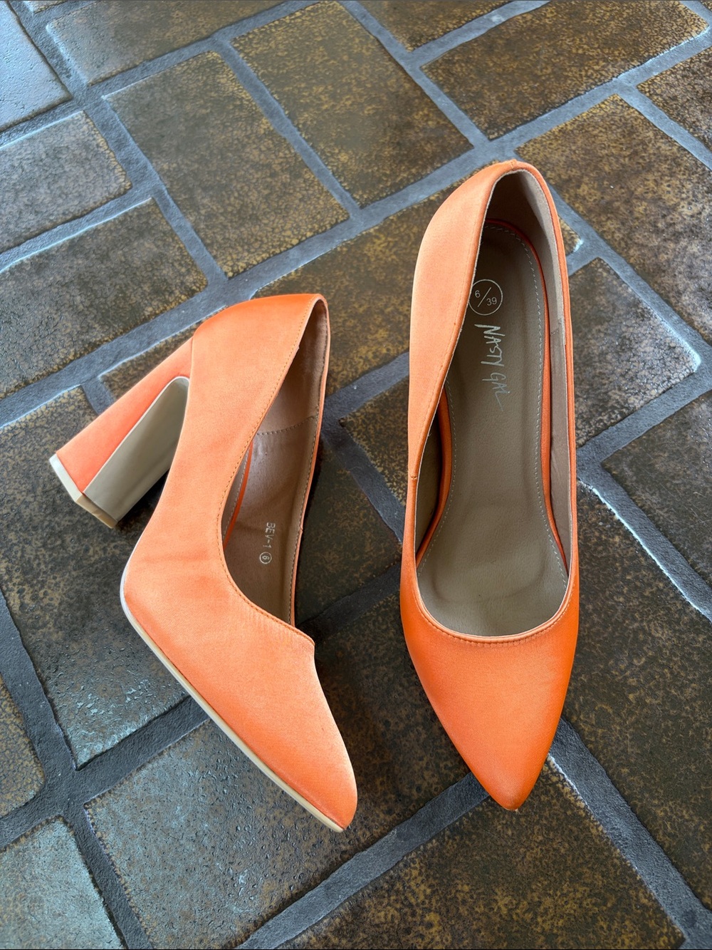 Nasty Gal Orange Satin Pointed Toe Block Heel Pumps